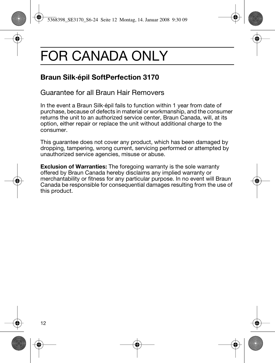 For canada only | Braun 3170 User Manual | Page 11 / 23