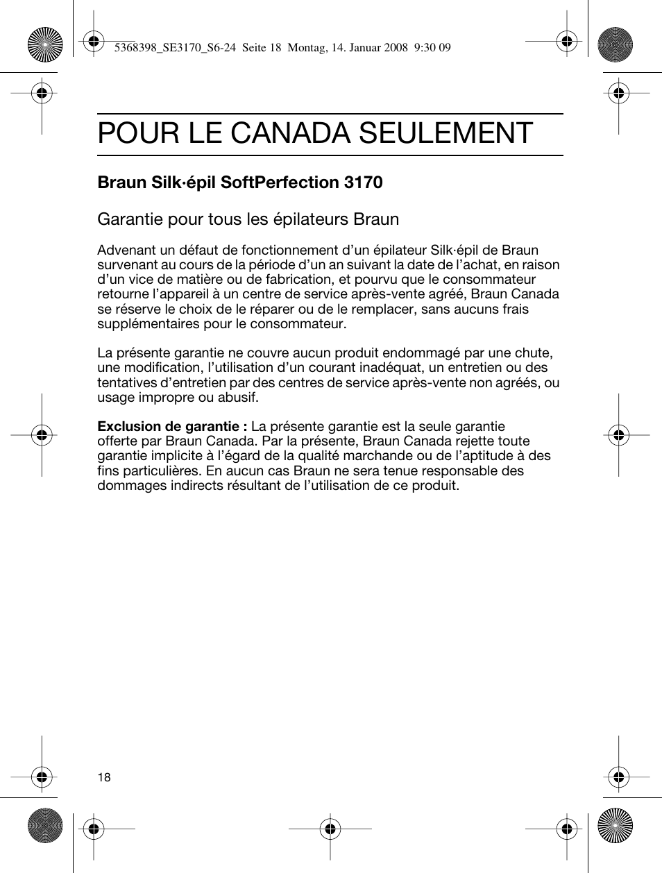 Pour le canada seulement | Braun 3170 User Manual | Page 17 / 23