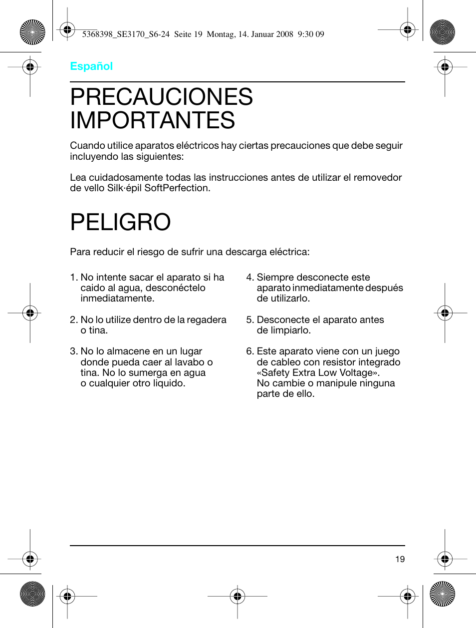 Precauciones importantes, Peligro | Braun 3170 User Manual | Page 18 / 23