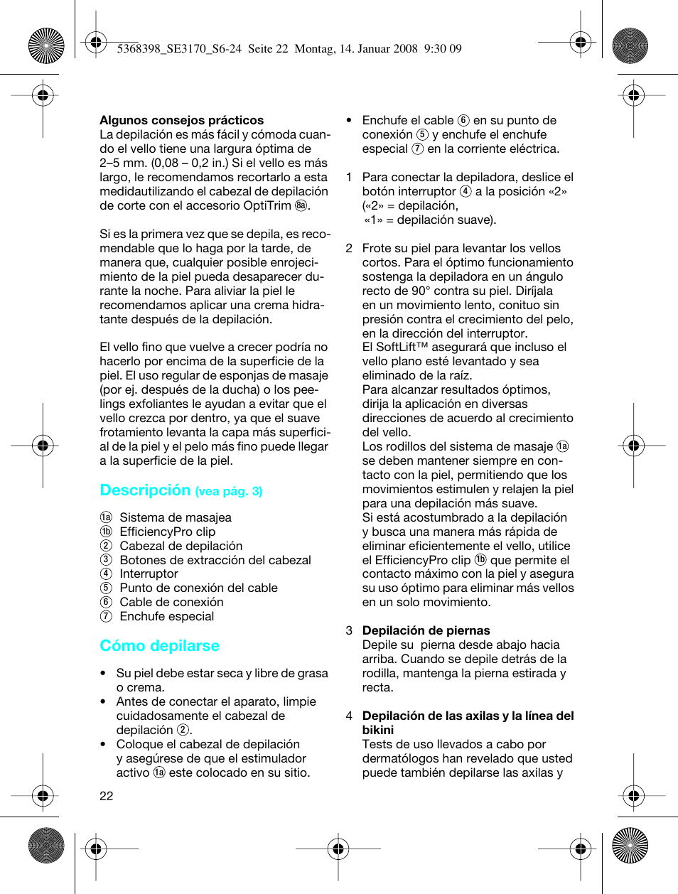 Descripción, Cómo depilarse | Braun 3170 User Manual | Page 21 / 23