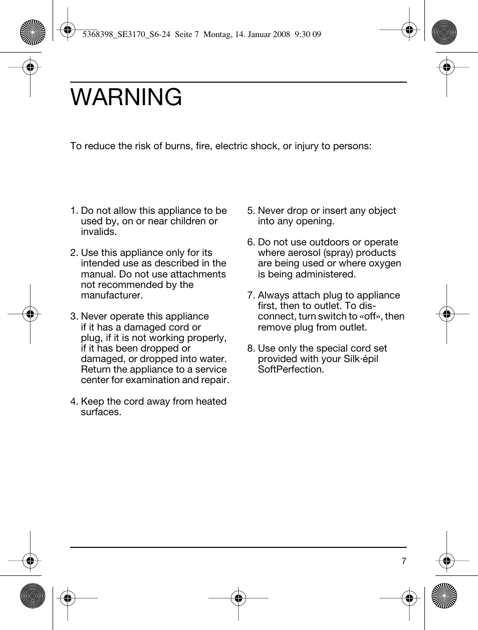 Warning | Braun 3170 User Manual | Page 6 / 23