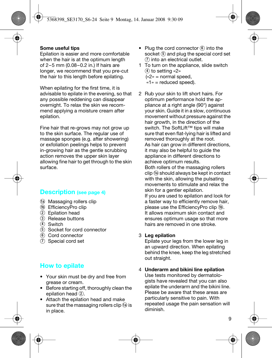 Description, How to epilate | Braun 3170 User Manual | Page 8 / 23