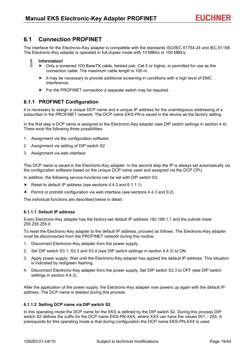 1 connection profinet, 1 profinet configuration, 1 default ip address | 2 setting dcp name via dip switch s2, Manual eks electronic-key adapter profinet | EUCHNER EKS FSA with PROFINET interface User Manual | Page 19 / 44