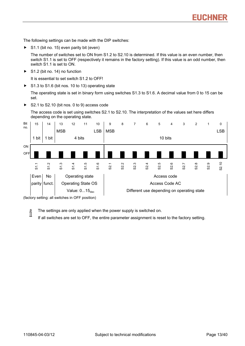 1 function of the dip switches, Function of the dip switches | EUCHNER FSA Light User Manual | Page 13 / 40