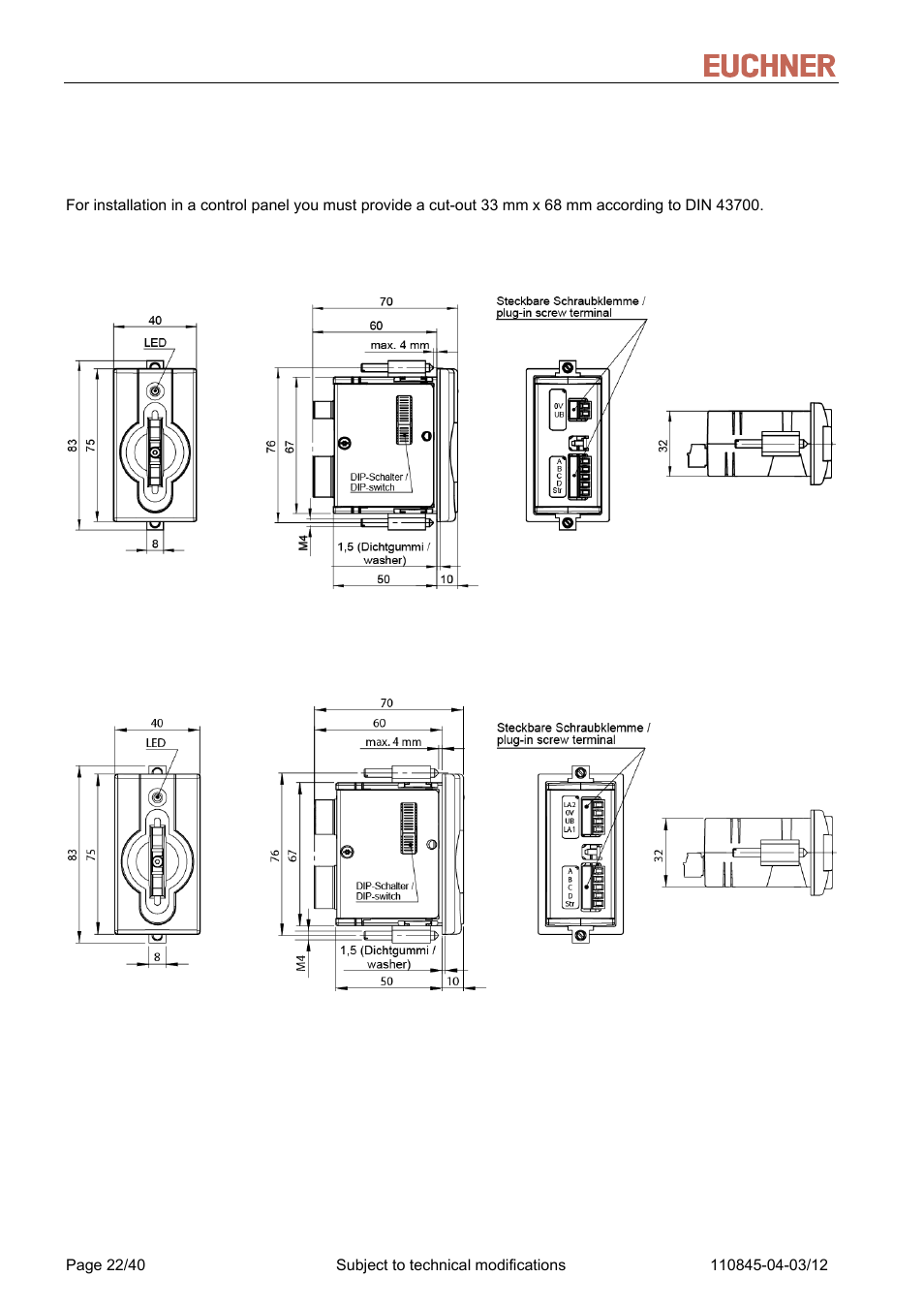 5 technical data, 1 version eks-a-ip, 2 version eks-a-ip… fsa | Technical data, Version eks-a-ip, Version eks-a-ip… fsa, Manual eks light and light fsa | EUCHNER FSA Light User Manual | Page 22 / 40