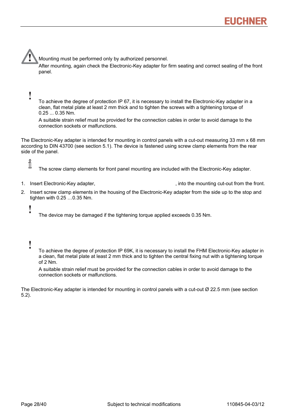 6 mounting, 1 electronic-key adapter compact, 2 electronic-key adapter fhm | Mounting, Electronic-key adapter compact, Electronic-key adapter fhm, Manual eks light and light fsa | EUCHNER FSA Light User Manual | Page 28 / 40