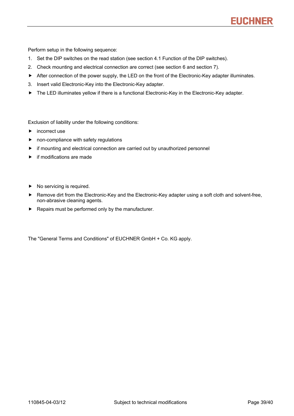 9 setup, 10 exclusion of liability, 11 service and repair | 12 guarantee, Setup, Exclusion of liability, Service and repair, Guarantee, Manual eks light and light fsa | EUCHNER FSA Light User Manual | Page 39 / 40