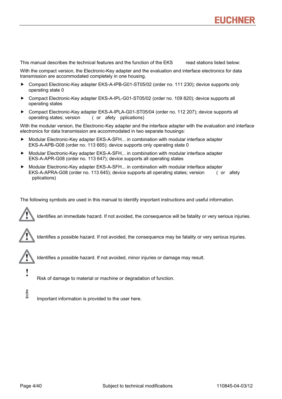 1 general notes, 1 use of the manual, 1 explanation of symbols | General notes, Use of the manual, Explanation of symbols, Manual eks light and light fsa | EUCHNER FSA Light User Manual | Page 4 / 40