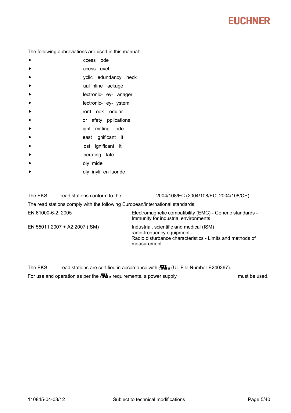 2 abbreviations, 2 ce conformity, 3 approvals | Abbreviations, Ce conformity, Approvals, Manual eks light and light fsa | EUCHNER FSA Light User Manual | Page 5 / 40
