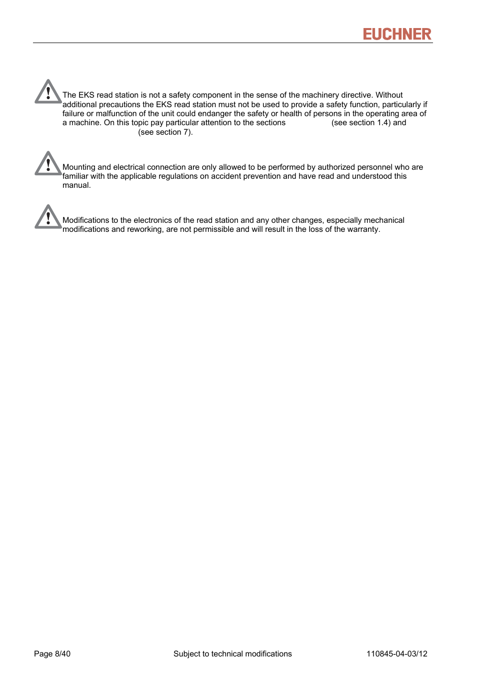 2 safety precautions, Safety precautions, Manual eks light and light fsa | EUCHNER FSA Light User Manual | Page 8 / 40