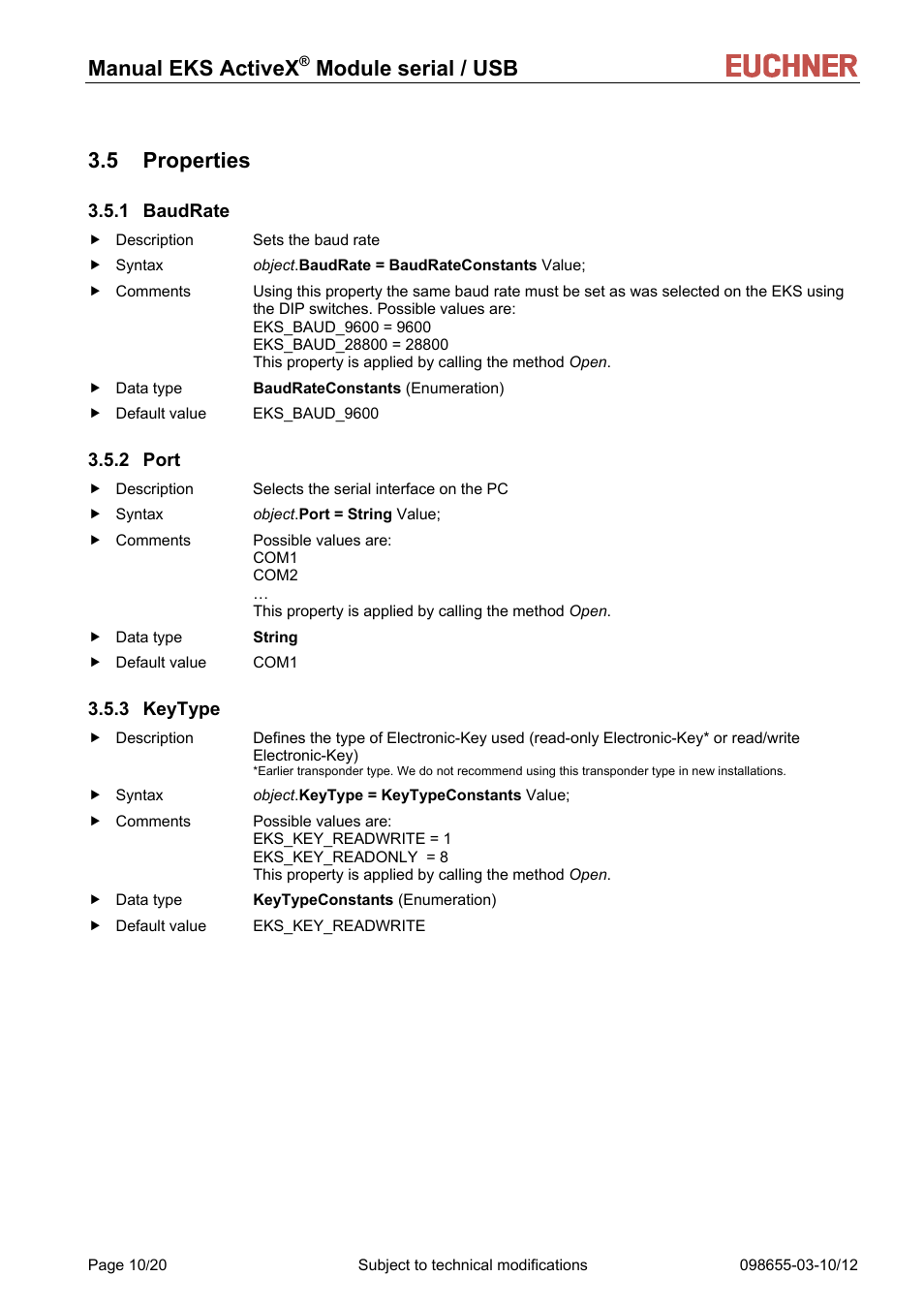 Properties, Baudrate, Port | Keytype, 1 baudrate, 2 port, 3 keytype, Manual eks activex, Module serial / usb 3.5 properties | EUCHNER ActiveX Module serial/USB User Manual | Page 10 / 20