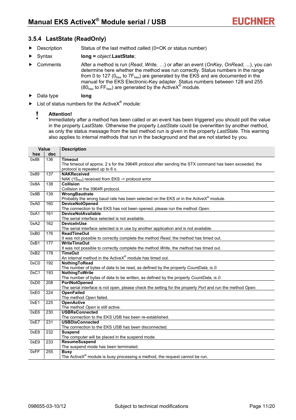 Laststate (readonly), 4 laststate (readonly), Manual eks activex | Module serial / usb | EUCHNER ActiveX Module serial/USB User Manual | Page 11 / 20