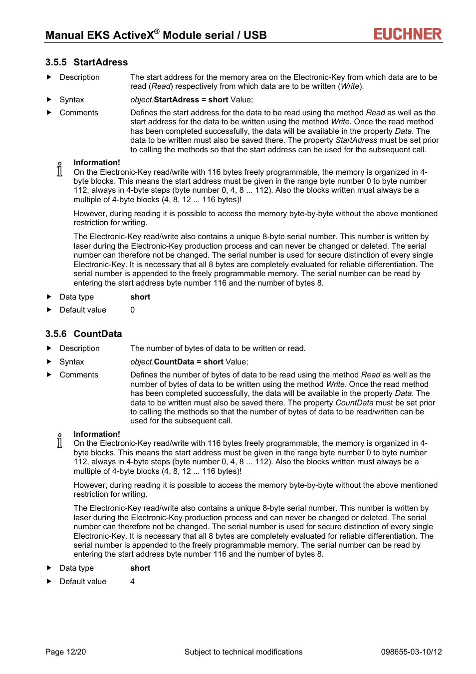 Startadress, Countdata, 5 startadress | 6 countdata, 7 blocksize, Manual eks activex, Module serial / usb | EUCHNER ActiveX Module serial/USB User Manual | Page 12 / 20