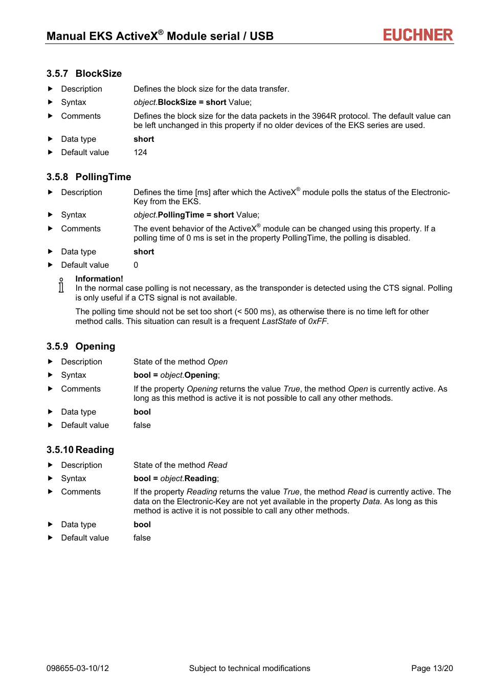 Blocksize, Pollingtime, Opening | Reading, 8 pollingtime, 9 opening, 10 reading, Manual eks activex, Module serial / usb | EUCHNER ActiveX Module serial/USB User Manual | Page 13 / 20