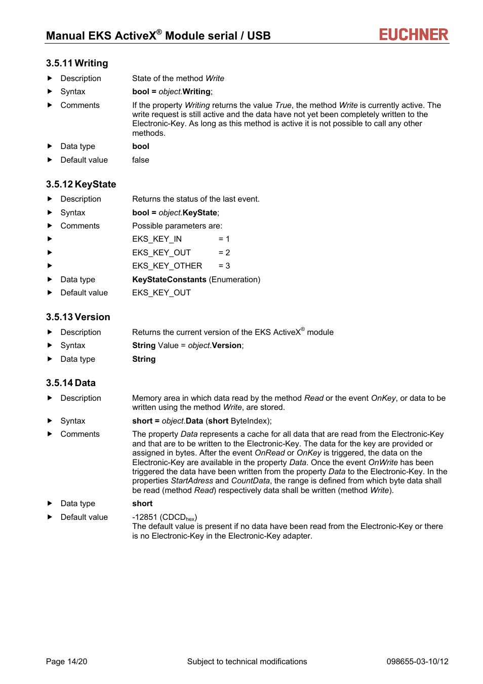 Writing, Keystate, Version | Data, 11 writing, 12 keystate, 13 version, 14 data, Manual eks activex, Module serial / usb | EUCHNER ActiveX Module serial/USB User Manual | Page 14 / 20