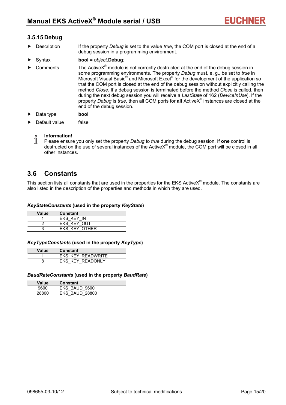 Debug, Constants, 15 debug | Manual eks activex, Module serial / usb, 6 constants | EUCHNER ActiveX Module serial/USB User Manual | Page 15 / 20