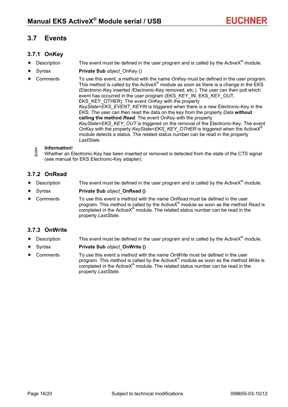 Events, Onkey, Onread | Onwrite, 1 onkey, 2 onread, 3 onwrite, Manual eks activex, Module serial / usb 3.7 events | EUCHNER ActiveX Module serial/USB User Manual | Page 16 / 20