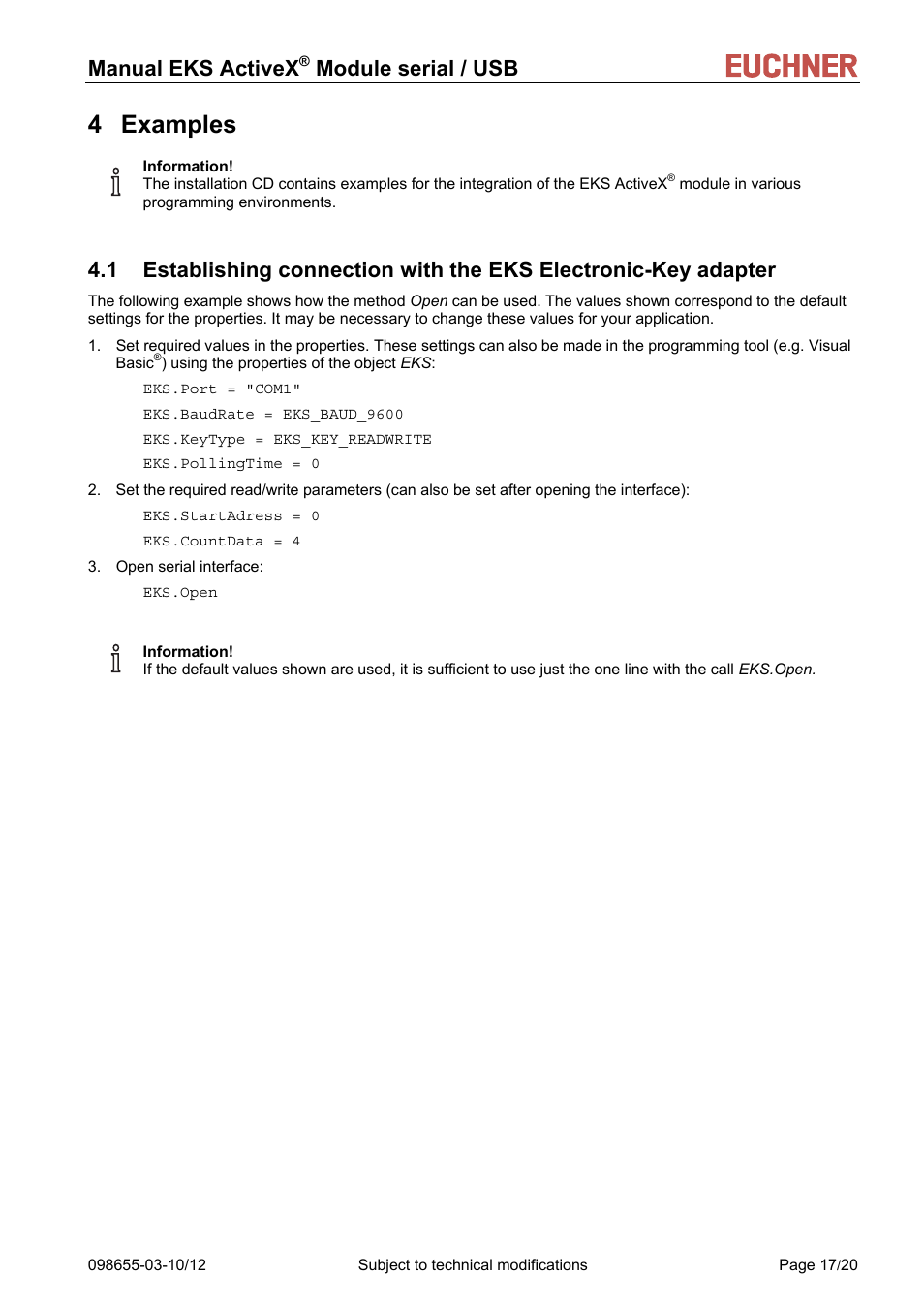 Examples, 4 examples, Manual eks activex | Module serial / usb | EUCHNER ActiveX Module serial/USB User Manual | Page 17 / 20