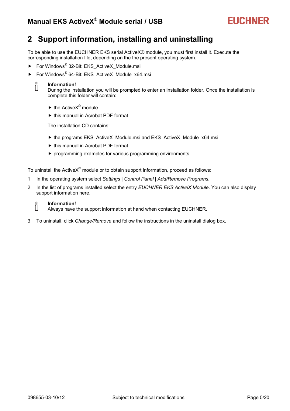 Support information, installing and uninstalling, 2 support information, installing and uninstalling, Manual eks activex | Module serial / usb | EUCHNER ActiveX Module serial/USB User Manual | Page 5 / 20