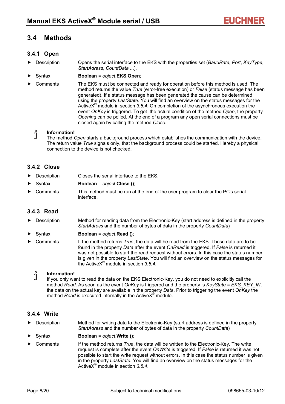 Methods, Open, Close | Read, Write, 1 open, 2 close, 3 read, 4 write, Manual eks activex | EUCHNER ActiveX Module serial/USB User Manual | Page 8 / 20
