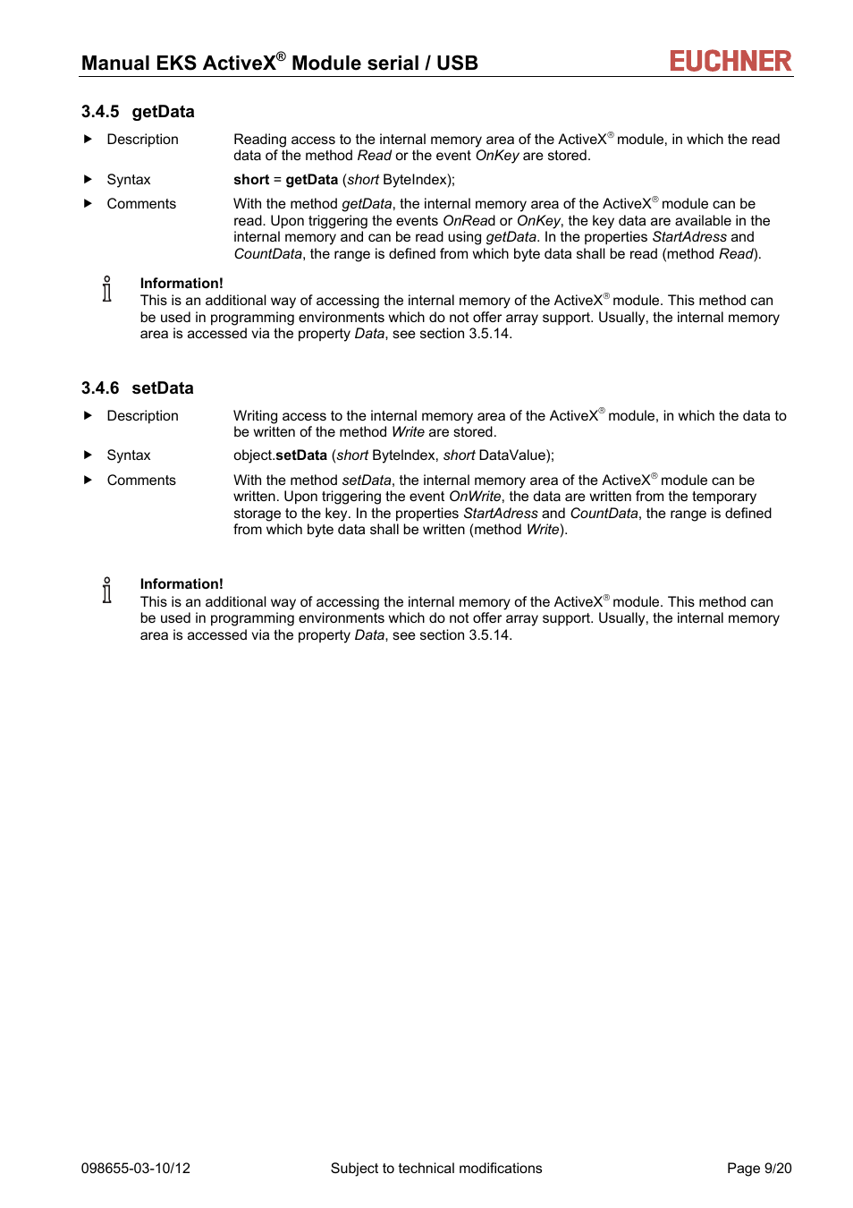 Getdata, Setdata, Manual eks activex | Module serial / usb, 5 getdata, 6 setdata | EUCHNER ActiveX Module serial/USB User Manual | Page 9 / 20