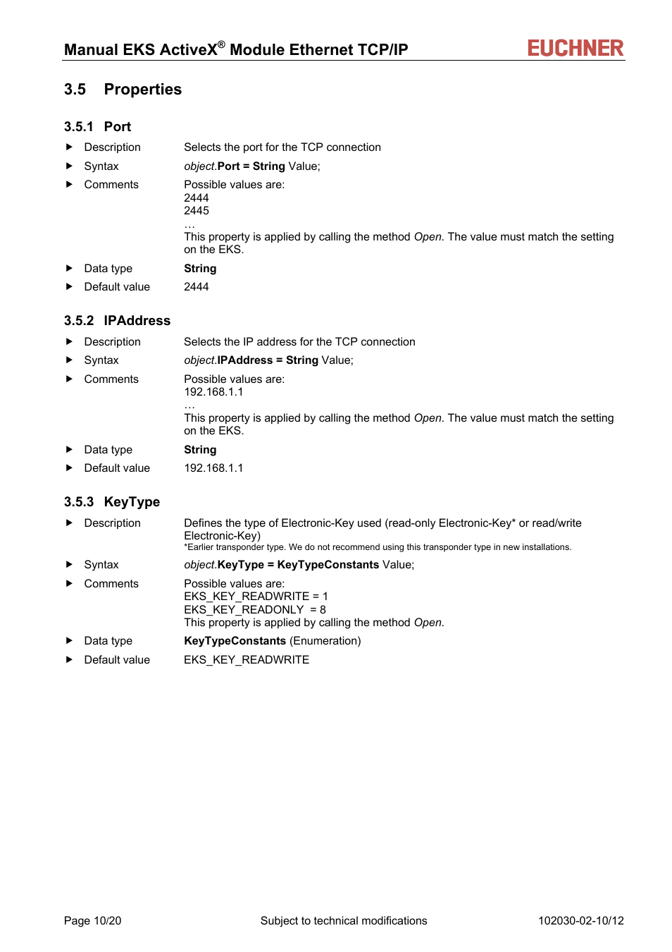 5 properties, 1 port, 2 ipaddress | 3 keytype, Manual eks activex, Module ethernet tcp/ip 3.5 properties | EUCHNER ActiveX Module Ethernet TCP/IP User Manual | Page 10 / 20