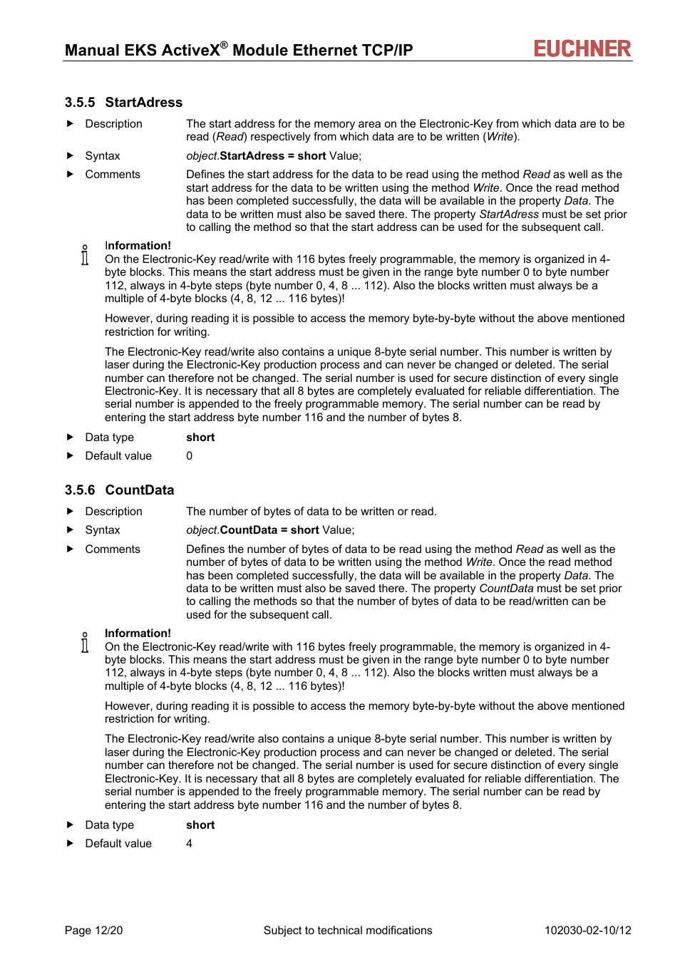 5 startadress, 6 countdata, Manual eks activex | Module ethernet tcp/ip | EUCHNER ActiveX Module Ethernet TCP/IP User Manual | Page 12 / 20