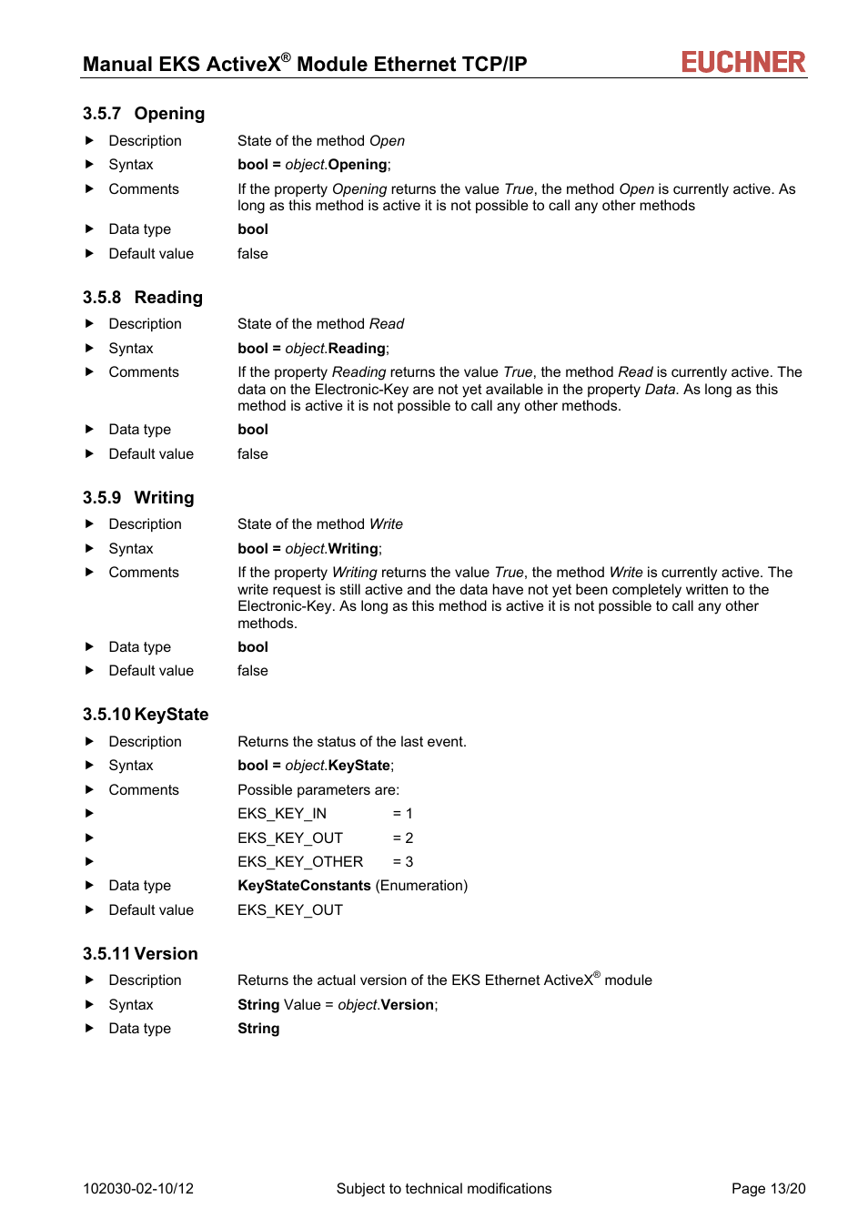 7 opening, 8 reading, 9 writing | 10 keystate, 11 version, Manual eks activex, Module ethernet tcp/ip | EUCHNER ActiveX Module Ethernet TCP/IP User Manual | Page 13 / 20