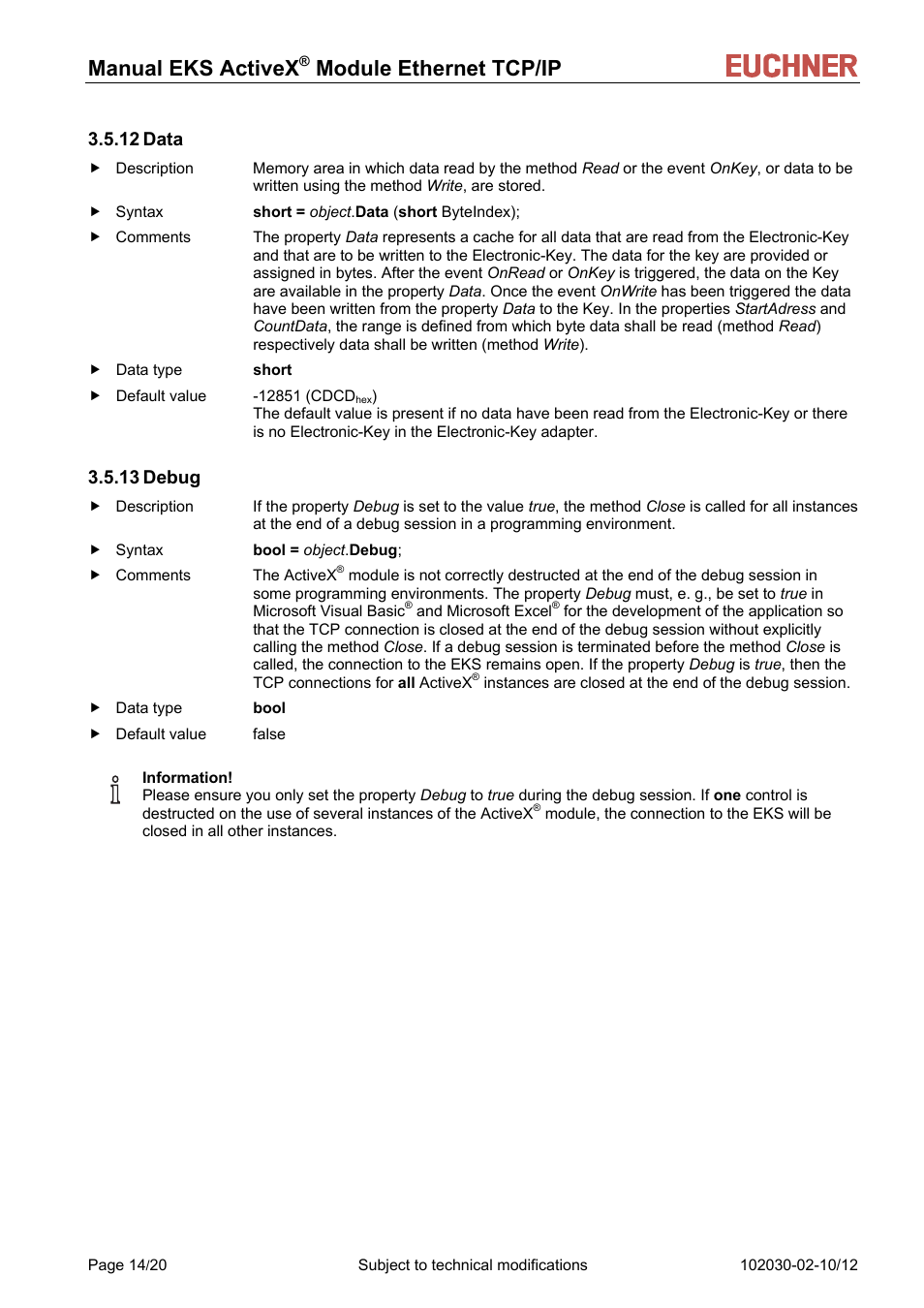 12 data, 13 debug, Manual eks activex | Module ethernet tcp/ip | EUCHNER ActiveX Module Ethernet TCP/IP User Manual | Page 14 / 20