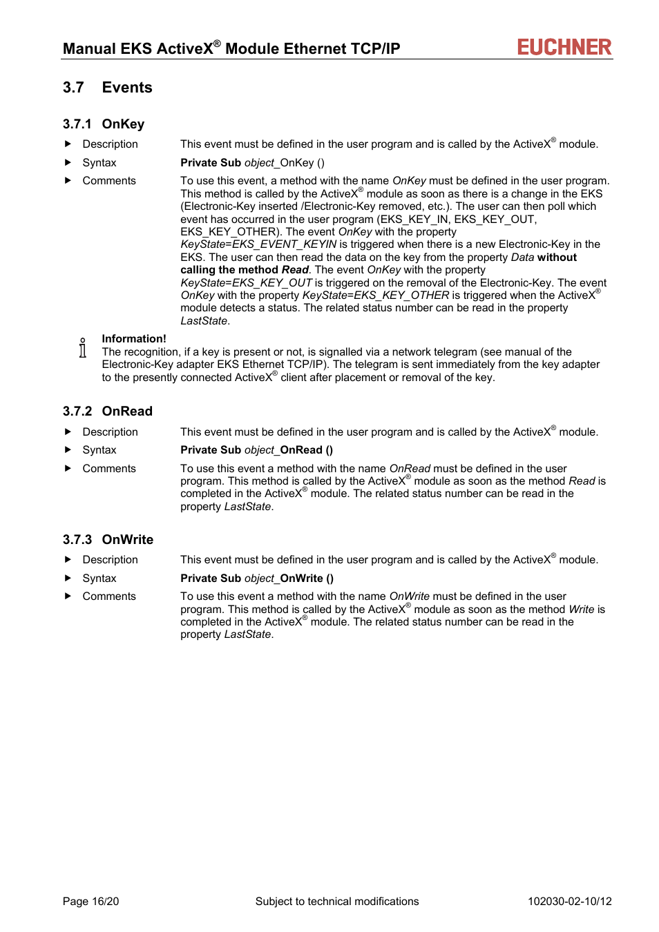 7 events, 1 onkey, 2 onread | 3 onwrite, Manual eks activex, Module ethernet tcp/ip 3.7 events | EUCHNER ActiveX Module Ethernet TCP/IP User Manual | Page 16 / 20