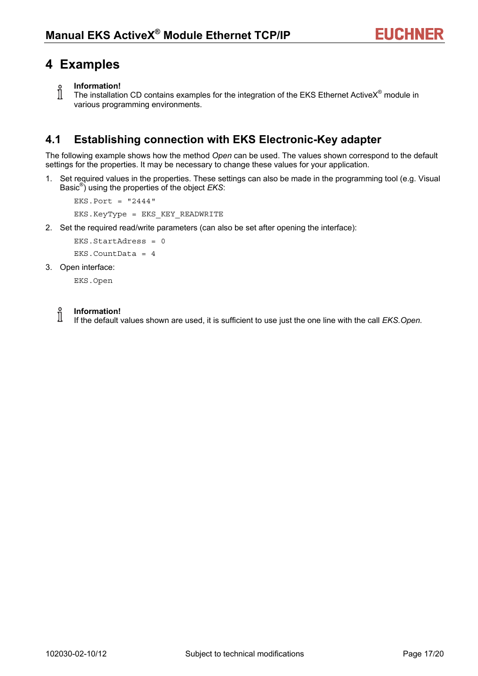 4 examples, Manual eks activex, Module ethernet tcp/ip | EUCHNER ActiveX Module Ethernet TCP/IP User Manual | Page 17 / 20