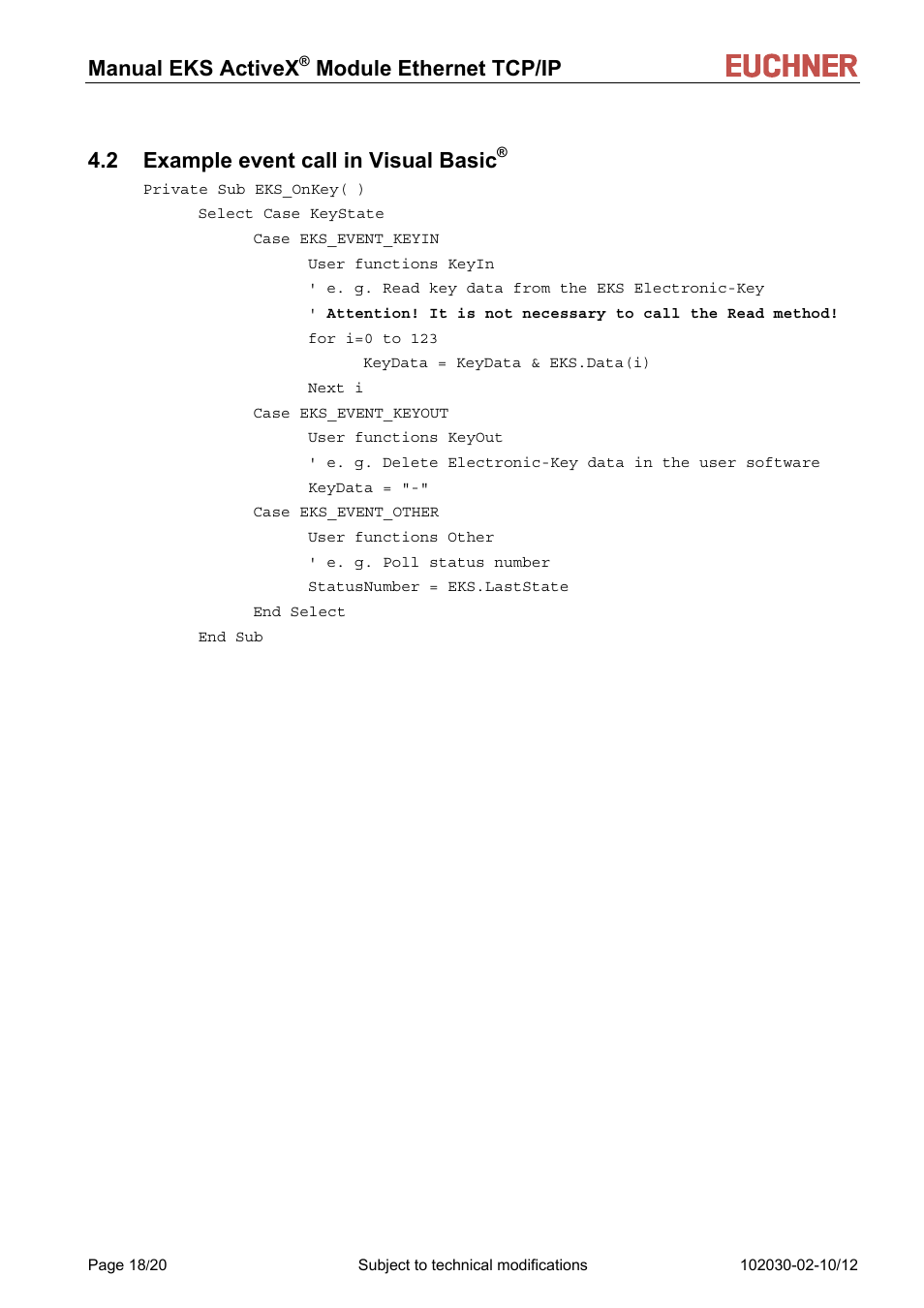2 example event call in visual basic, Manual eks activex | EUCHNER ActiveX Module Ethernet TCP/IP User Manual | Page 18 / 20