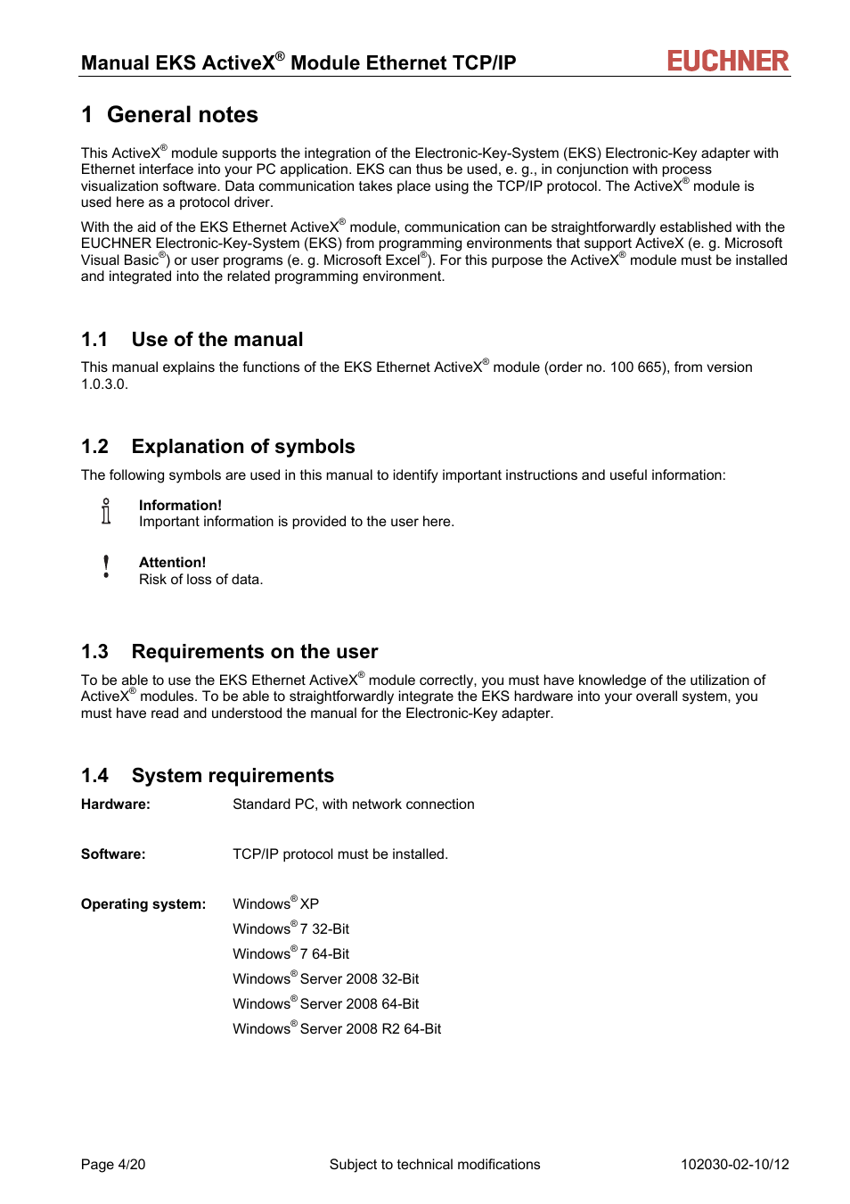 1 general notes, 1 use of the manual, 2 explanation of symbols | 3 requirements on the user, 4 system requirements, Manual eks activex, Module ethernet tcp/ip | EUCHNER ActiveX Module Ethernet TCP/IP User Manual | Page 4 / 20