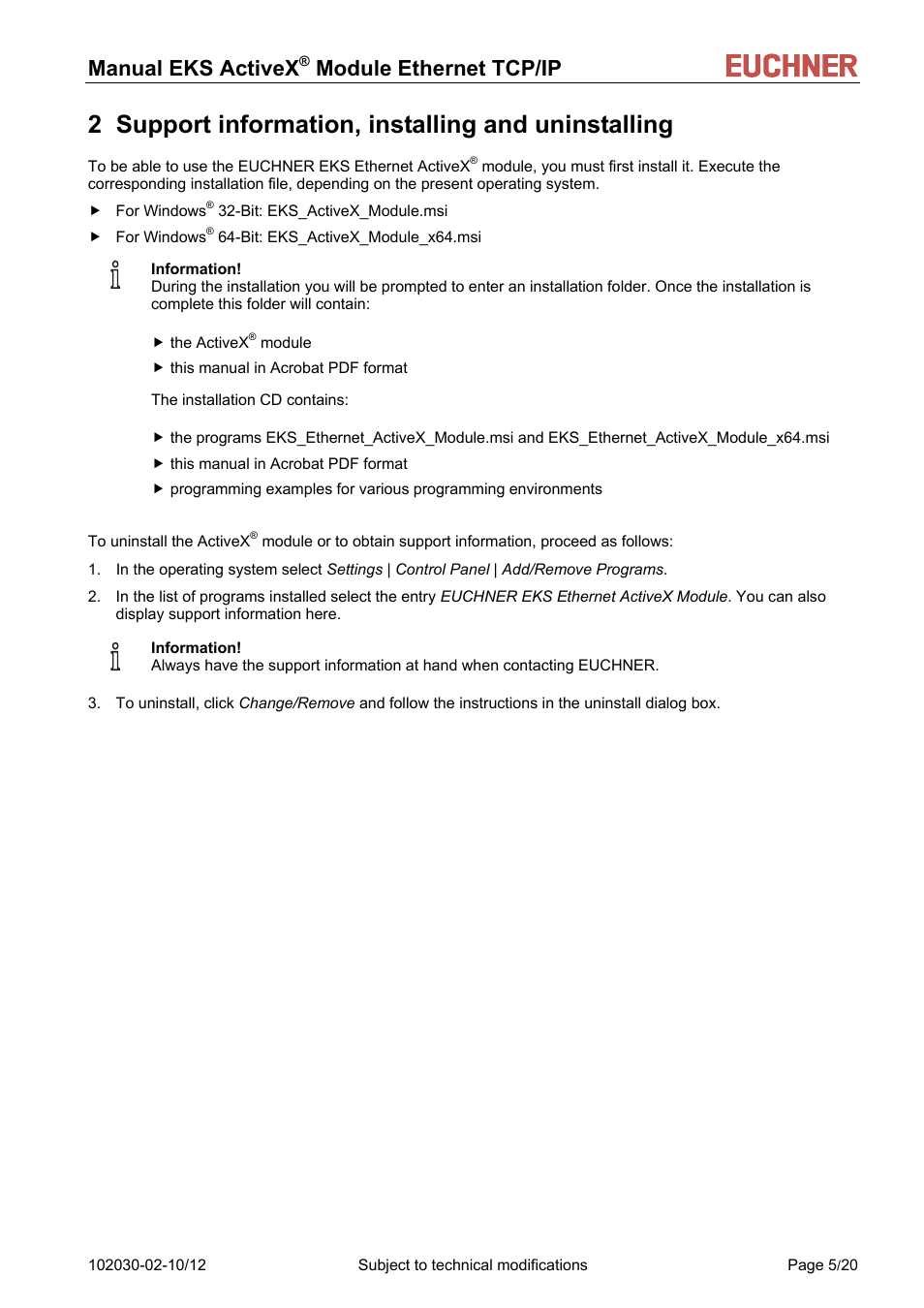 2 support information, installing and uninstalling, Manual eks activex, Module ethernet tcp/ip | EUCHNER ActiveX Module Ethernet TCP/IP User Manual | Page 5 / 20