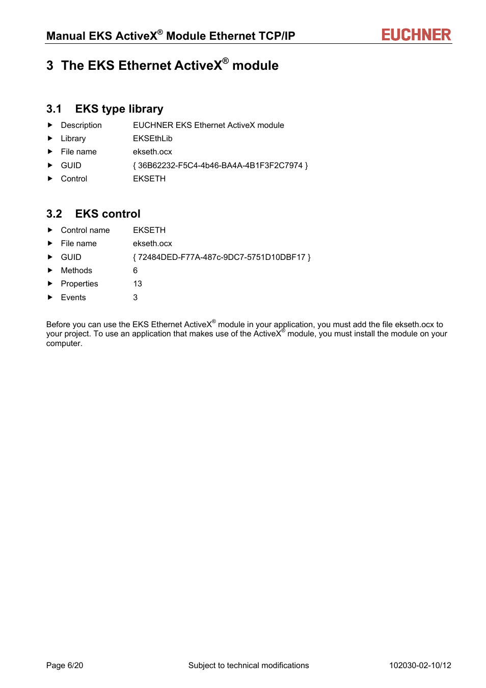 3 the eks ethernet activex, Module, 1 eks type library | 2 eks control, Manual eks activex, Module ethernet tcp/ip | EUCHNER ActiveX Module Ethernet TCP/IP User Manual | Page 6 / 20