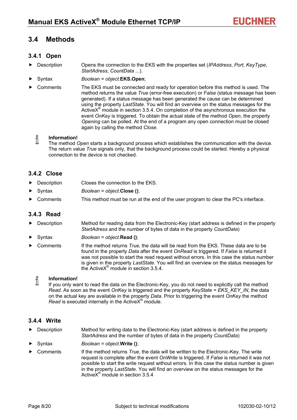 4 methods, 1 open, 2 close | 3 read, 4 write, Manual eks activex, Module ethernet tcp/ip 3.4 methods | EUCHNER ActiveX Module Ethernet TCP/IP User Manual | Page 8 / 20
