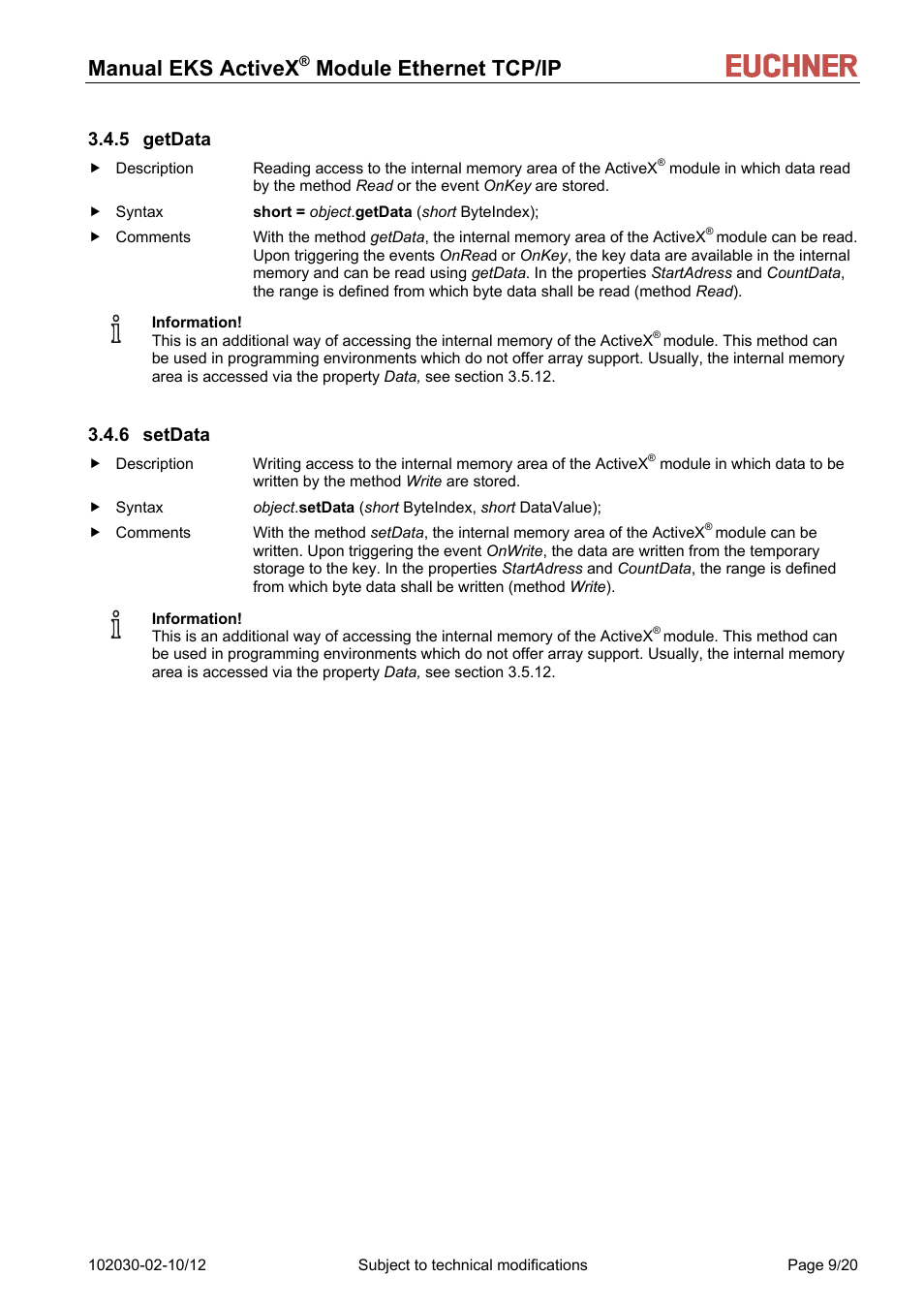 5 getdata, 6 setdata, Manual eks activex | Module ethernet tcp/ip | EUCHNER ActiveX Module Ethernet TCP/IP User Manual | Page 9 / 20
