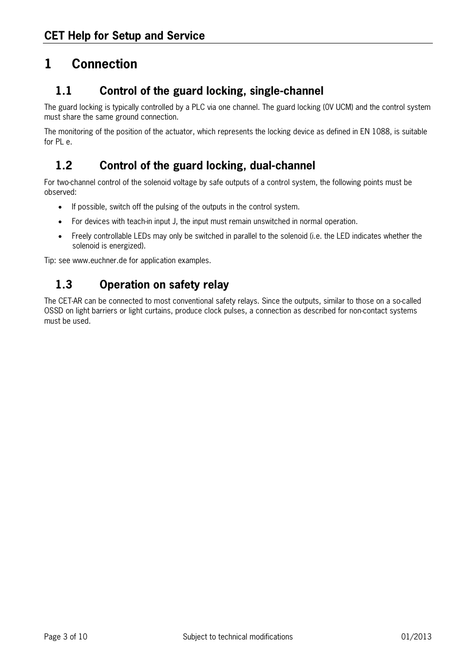 1 connection, 1 control of the guard locking, single-channel, 2 control of the guard locking, dual-channel | 3 operation on safety relay, Connection, Control of the guard locking, single-channel, Control of the guard locking, dual-channel, Operation on safety relay, Cet help for setup and service | EUCHNER CET User Manual | Page 3 / 10