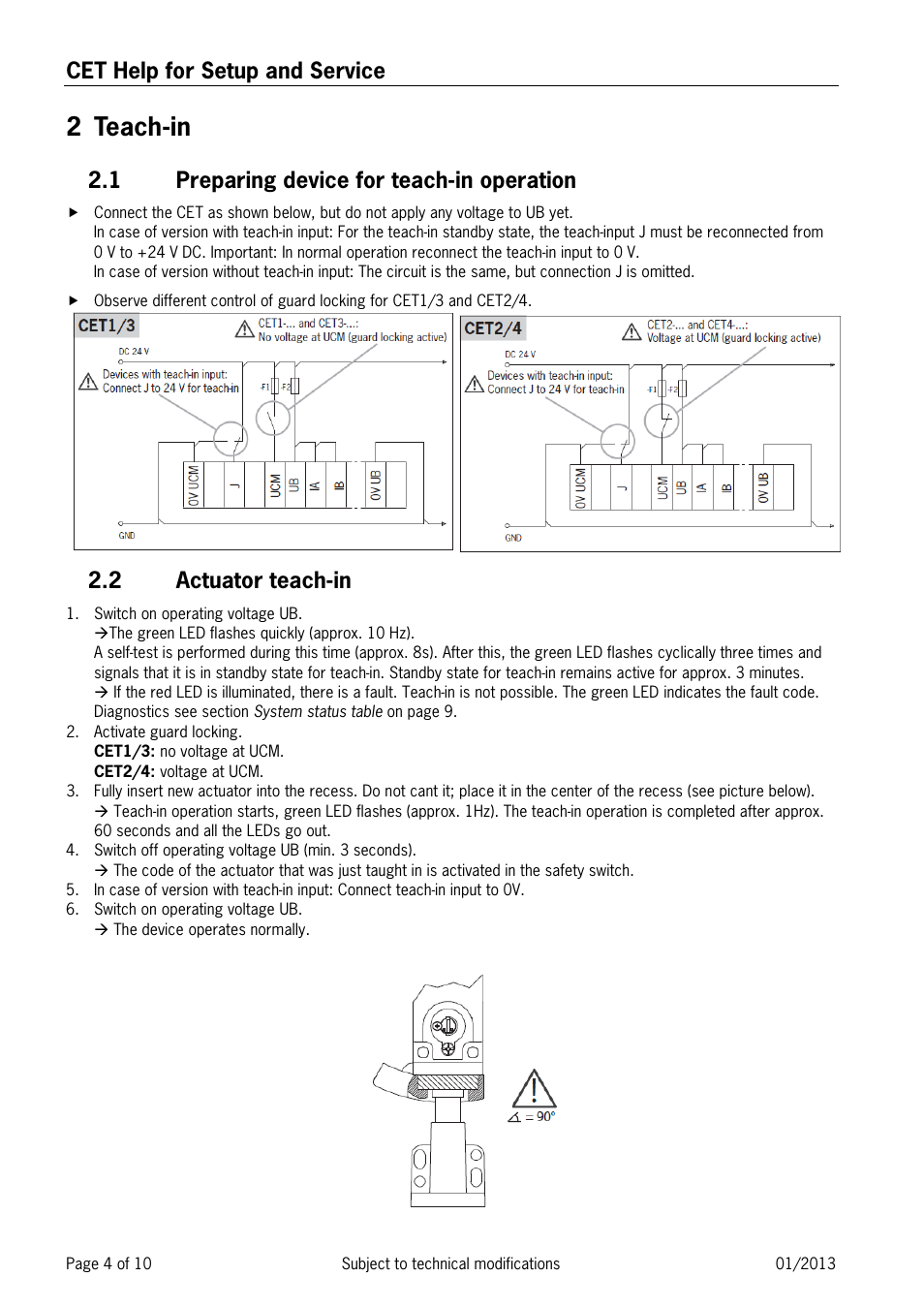 2 teach-in, 1 preparing device for teach-in operation, 2 actuator teach-in | Teach-in, Preparing device for teach-in operation, Actuator teach-in, Cet help for setup and service | EUCHNER CET User Manual | Page 4 / 10