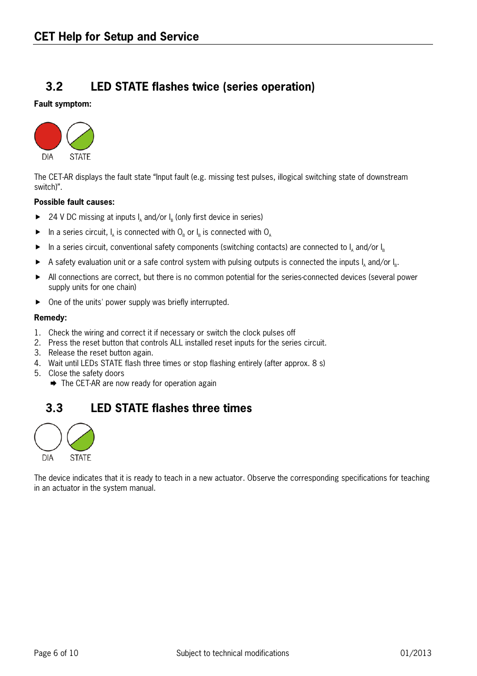 Led state flashes twice (series operation), 3 led state flashes three times, Led state flashes three times | Cet help for setup and service, 2 led state flashes twice (series operation) | EUCHNER CET User Manual | Page 6 / 10