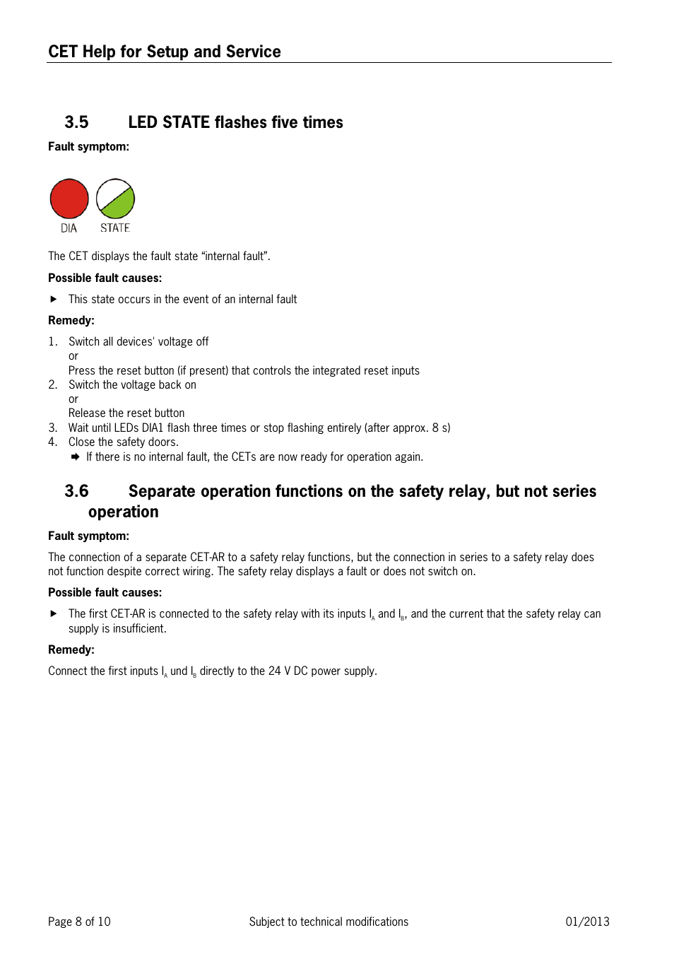 5 led state flashes five times, Led state flashes five times, Cet help for setup and service | EUCHNER CET User Manual | Page 8 / 10