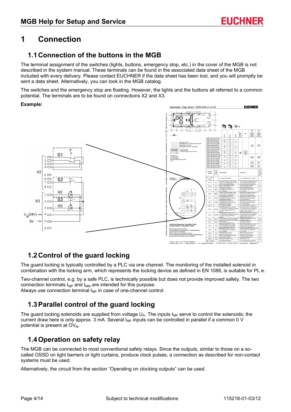 1 connection, 1 connection of the buttons in the mgb, 2 control of the guard locking | 3 parallel control of the guard locking, 4 operation on safety relay, Connection, Connection of the buttons in the mgb, Control of the guard locking, Parallel control of the guard locking, Operation on safety relay | EUCHNER MGB (V2.0.0) User Manual | Page 4 / 14