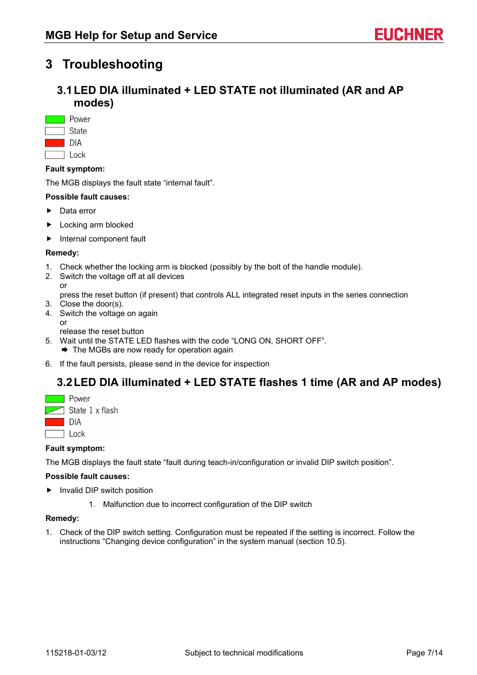 3 troubleshooting, Troubleshooting, Mgb help for setup and service | EUCHNER MGB (V2.0.0) User Manual | Page 7 / 14