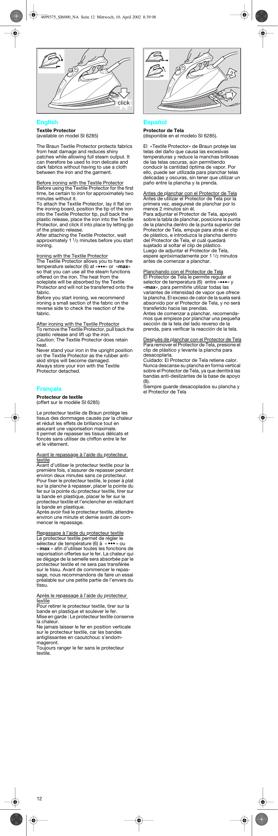 English, Français, Español | Braun SI6110 User Manual | Page 12 / 12