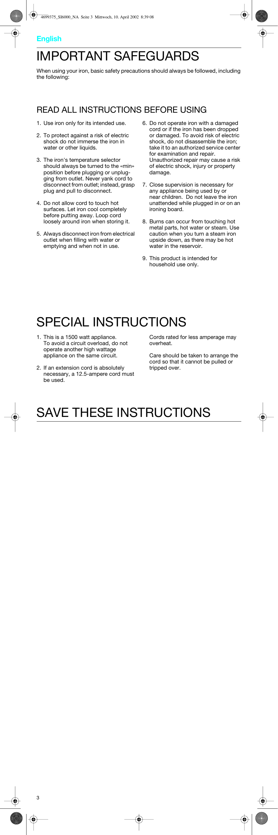 English, Important safeguards, Special instructions save these instructions | Read all instructions before using | Braun SI6110 User Manual | Page 3 / 12