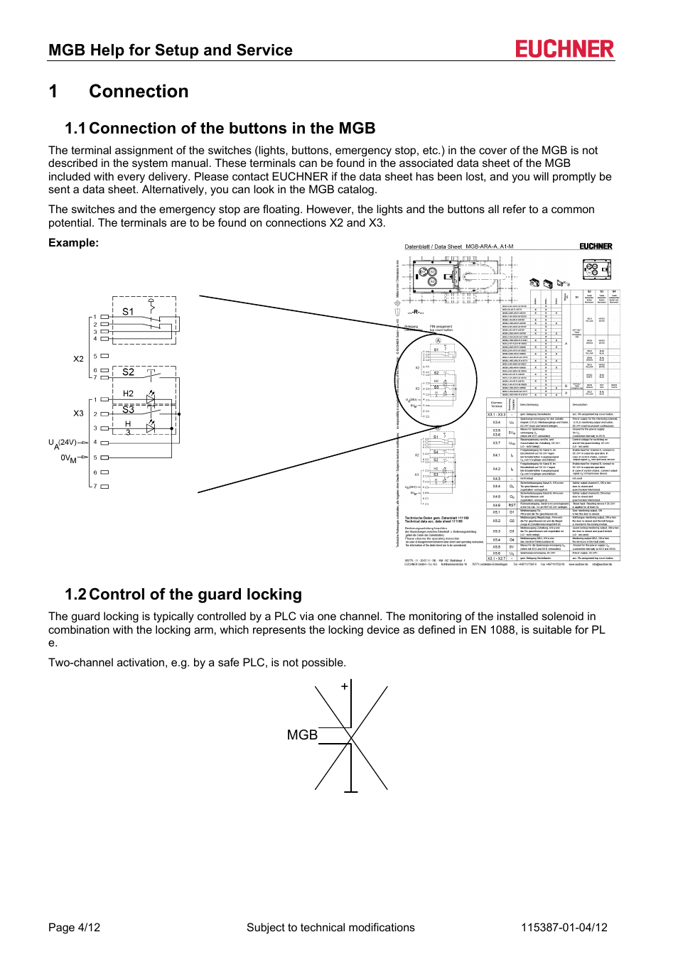 1 connection, 1 connection of the buttons in the mgb, 2 control of the guard locking | Connection, Connection of the buttons in the mgb, Control of the guard locking, Mgb help for setup and service | EUCHNER MGB (V1.2.3) User Manual | Page 4 / 12