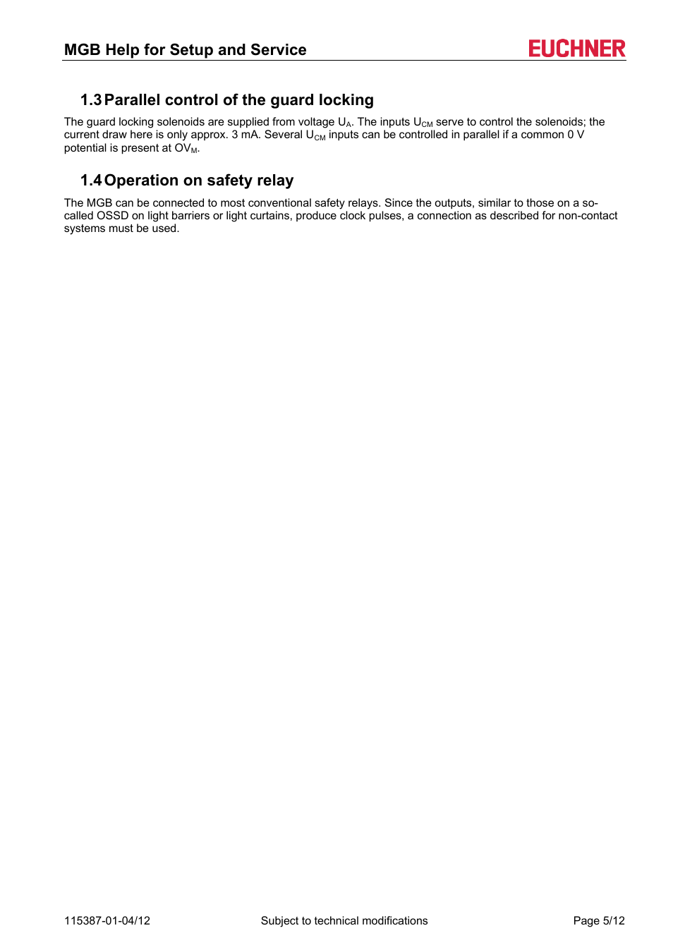 3 parallel control of the guard locking, 4 operation on safety relay, Parallel control of the guard locking | Operation on safety relay | EUCHNER MGB (V1.2.3) User Manual | Page 5 / 12