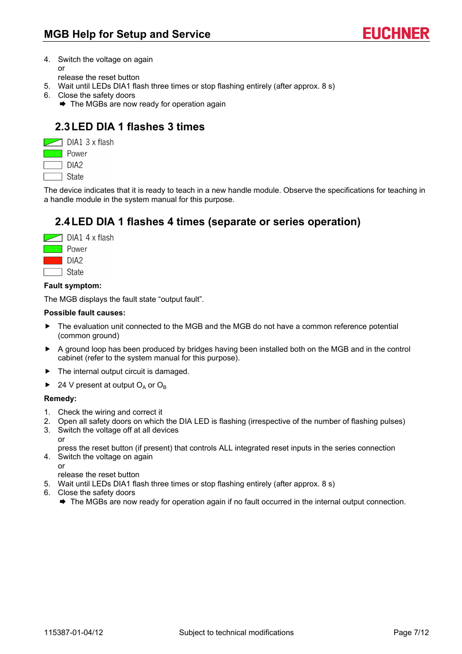 3 led dia 1 flashes 3 times, Led dia 1 flashes 3 times, Mgb help for setup and service | EUCHNER MGB (V1.2.3) User Manual | Page 7 / 12