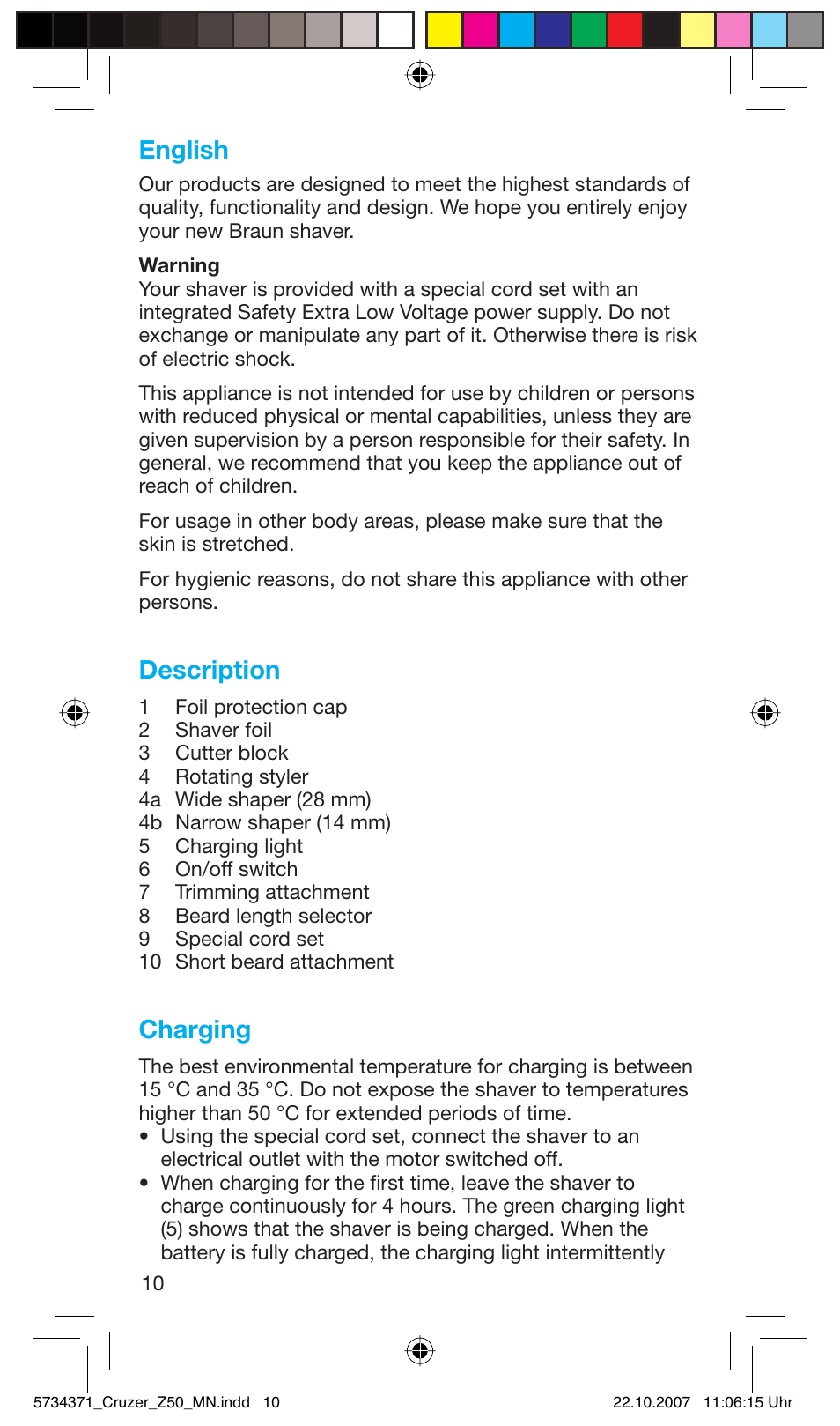 English, Description, Charging | Braun 5734 User Manual | Page 10 / 65