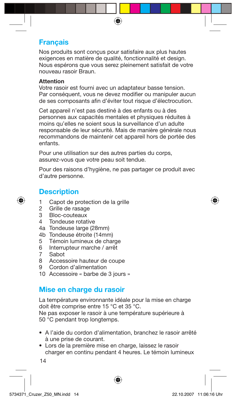 Français, Description, Mise en charge du rasoir | Braun 5734 User Manual | Page 14 / 65